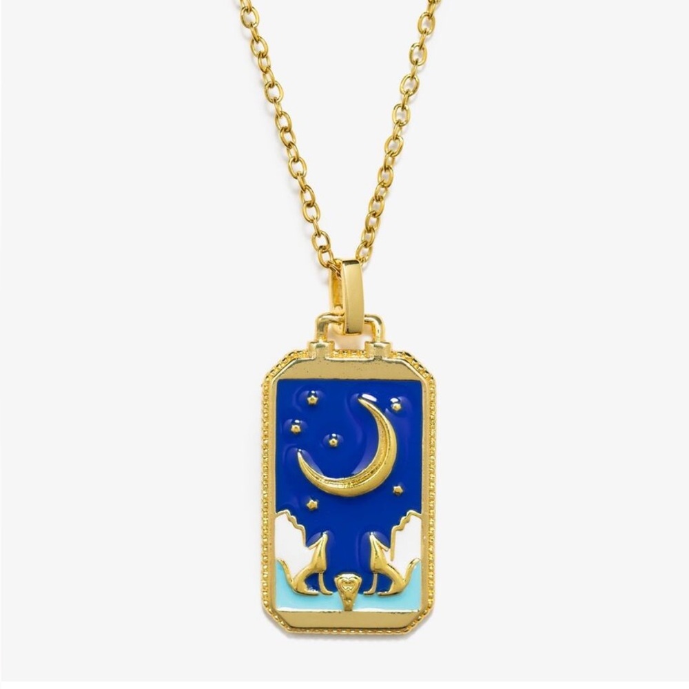 Crescent Moon Wolf Tarot Card Enamel 18K Gold Plated Pendant Necklace